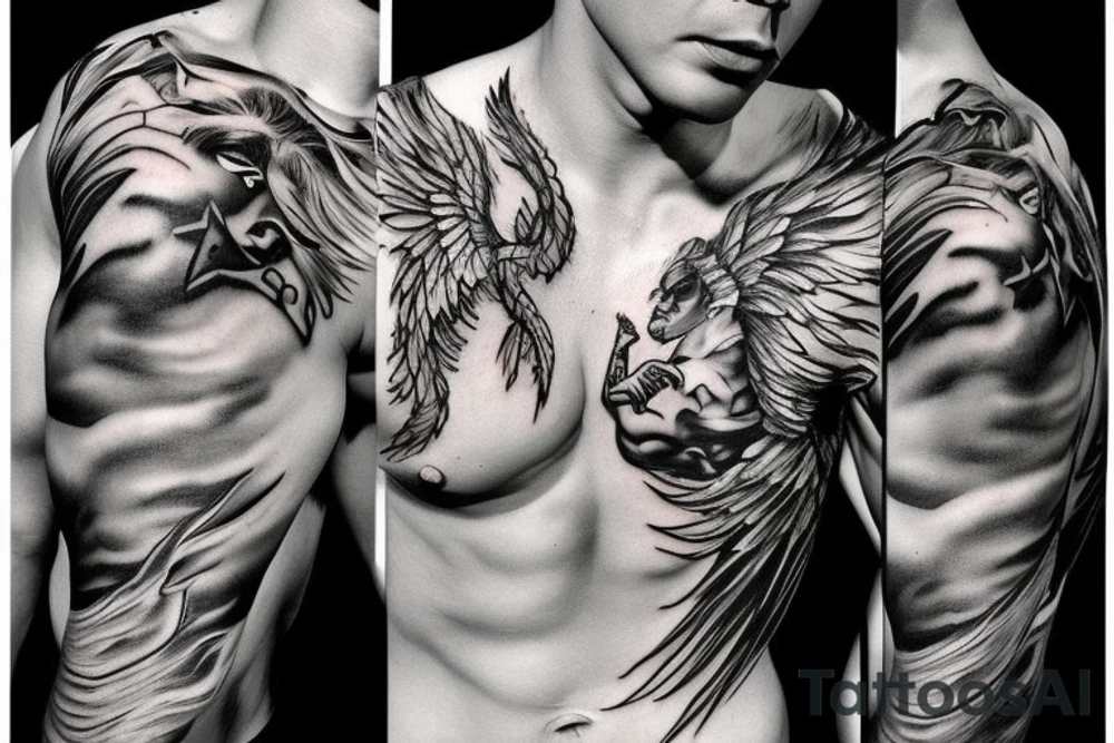 muscular angel with lightning strike and sharp tattoo idea