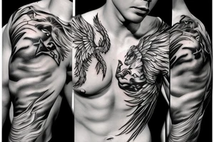 muscular angel with lightning strike and sharp tattoo idea