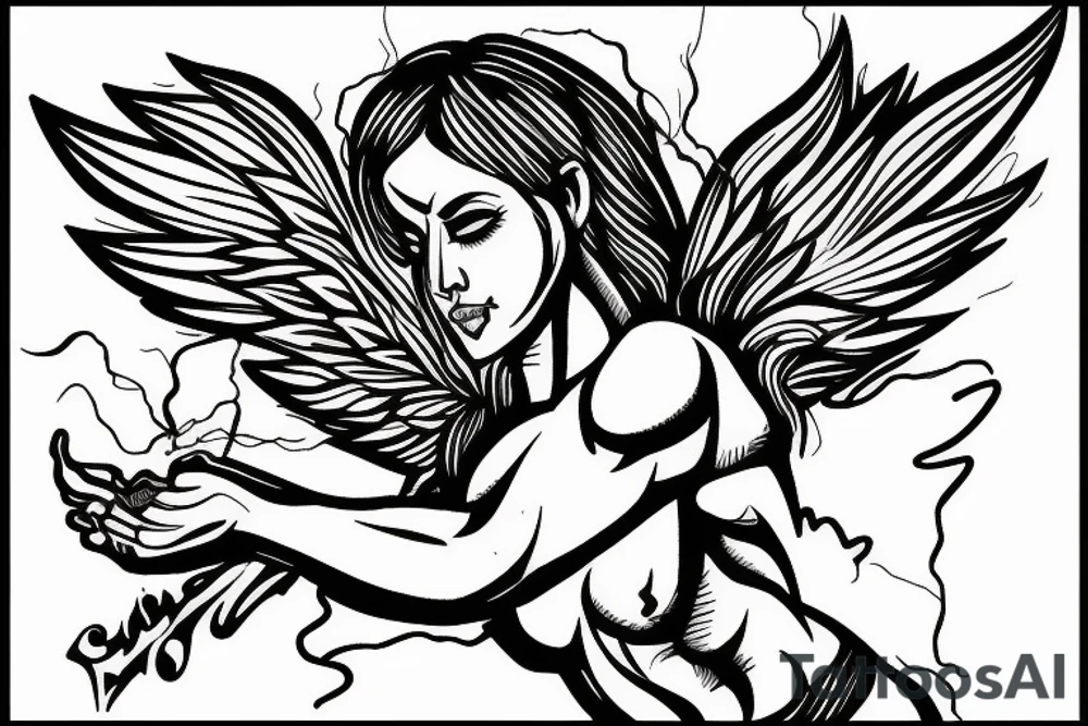 muscular angel with lightning strike and sharp tattoo idea