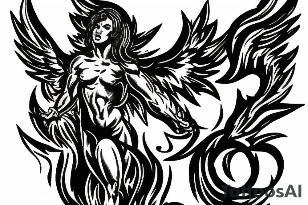 muscular angel with lightning strike and sharp tattoo idea