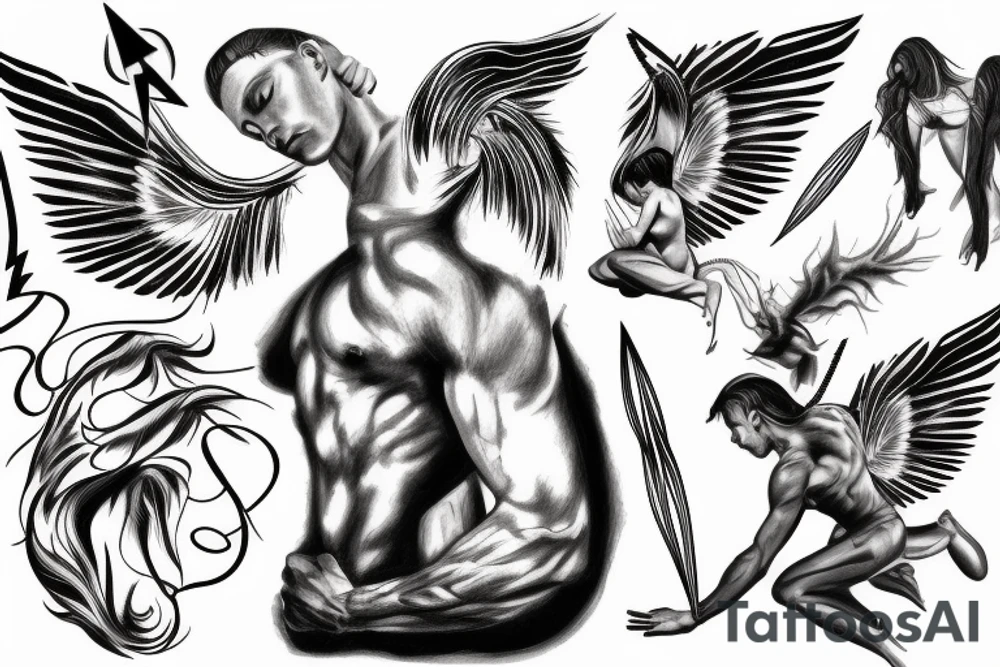 muscular angel with lightning strike and sharp tattoo idea