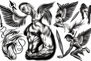 muscular angel with lightning strike and sharp tattoo idea
