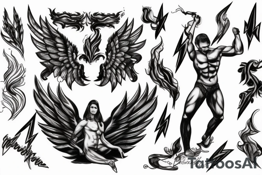muscular angel with lightning strike and sharp tattoo idea