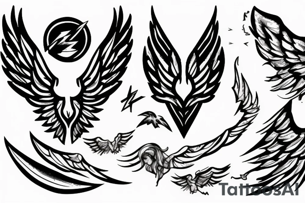 muscular angel with wings, lightning strike, sharp tattoo idea