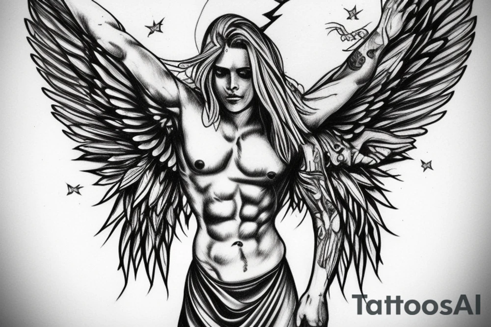 muscular angel with wings, lightning strike, sharp tattoo idea
