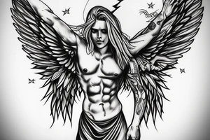 muscular angel with wings, lightning strike, sharp tattoo idea