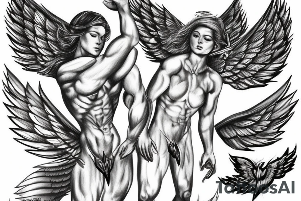 muscular angel with wings, lightning strike, sharp tattoo idea