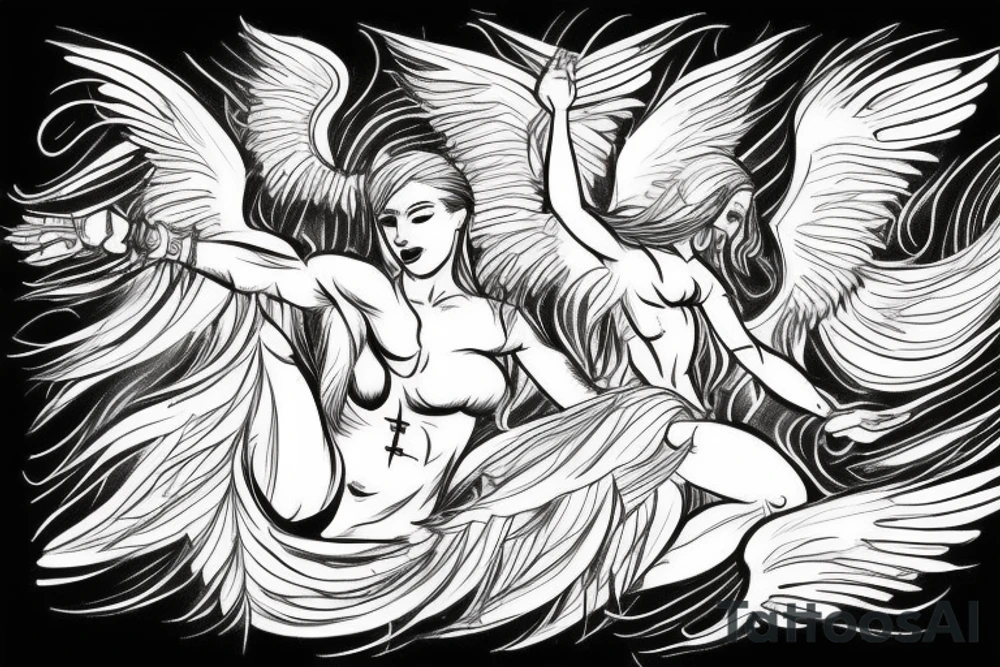 muscular angel with wings, lightning strike, sharp tattoo idea