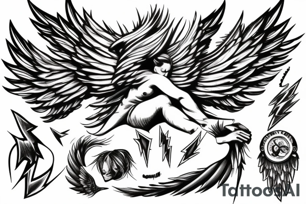 muscular angel with wings, lightning strike, sharp tattoo idea