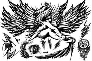 muscular angel with wings, lightning strike, sharp tattoo idea