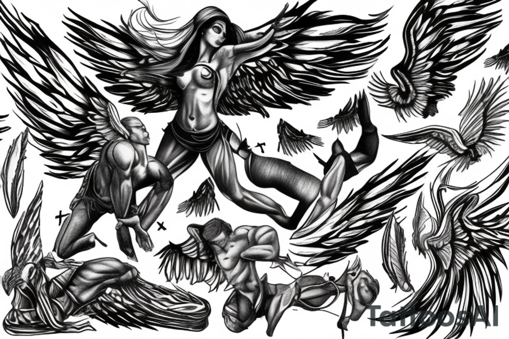 muscular angel with wings, lightning strike, sharp tattoo idea