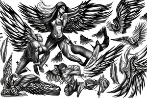 muscular angel with wings, lightning strike, sharp tattoo idea