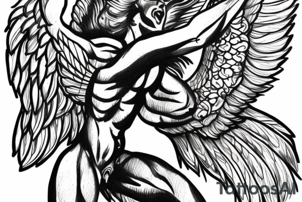 muscular angel with wings, lightning strike, sharp tattoo idea