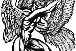 muscular angel with wings, lightning strike, sharp tattoo idea