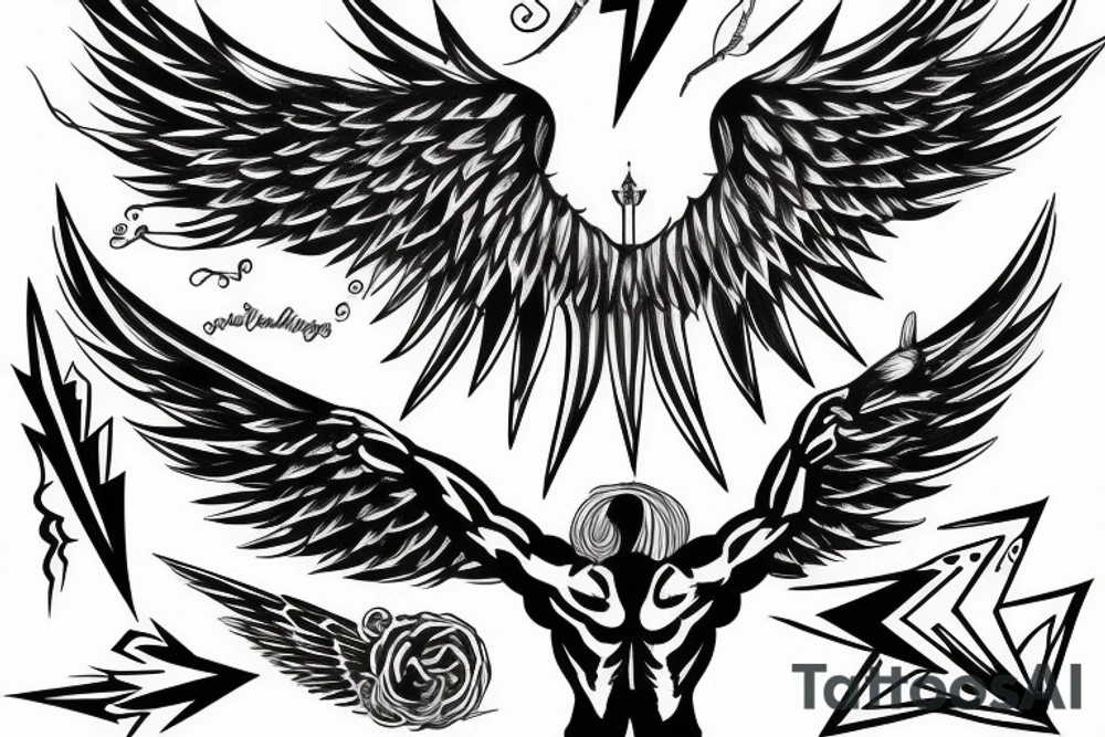 muscular angel with wings, lightning strike, sharp tattoo idea