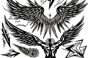 muscular angel with wings, lightning strike, sharp tattoo idea