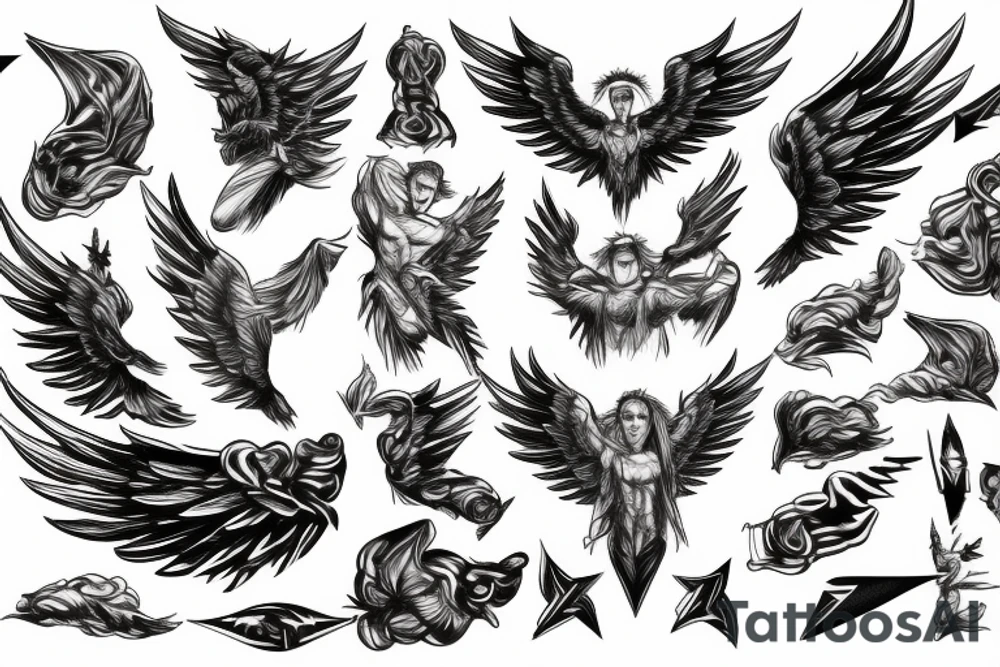 muscular angel with wings, lightning strike, sharp tattoo idea