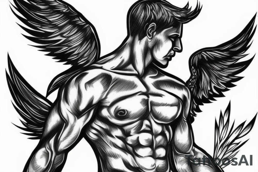 muscular angel with wings, lightning strike, sharp tattoo idea