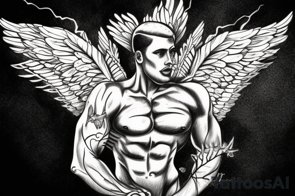 muscular angel with wings, lightning strike, sharp tattoo idea