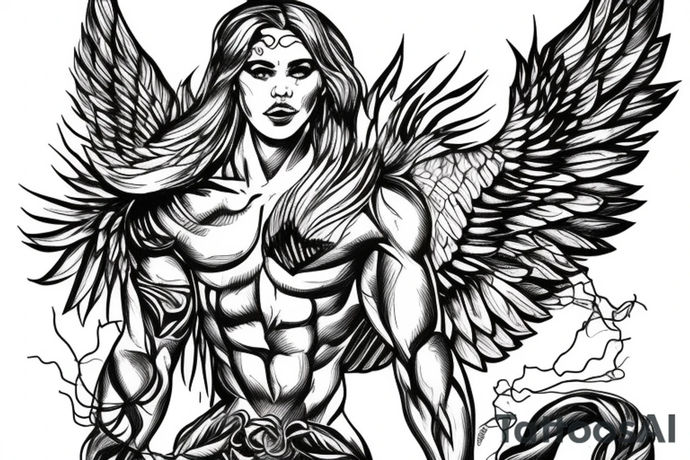 muscular angel with wings, lightning strike, sharp tattoo idea