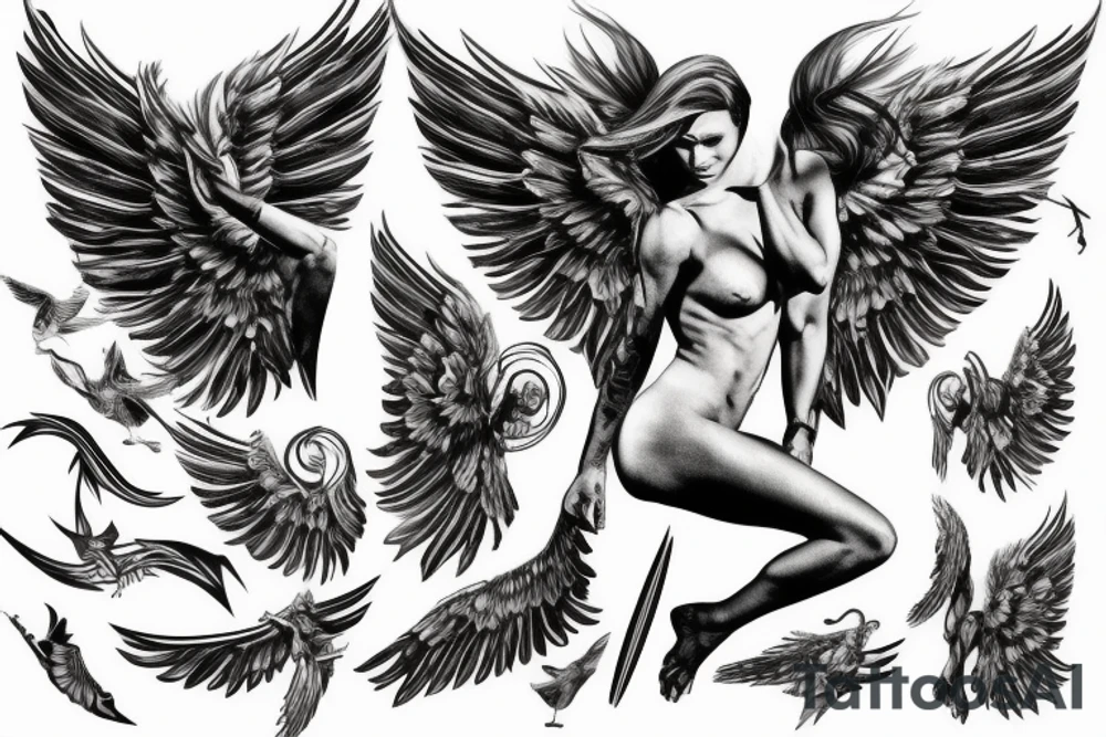 muscular angel with wings, lightning strike, sharp tattoo idea muscular angel with wings, lightning strike, sharp tattoo idea