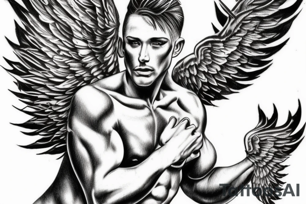 muscular angel with wings, lightning strike, sharp tattoo idea muscular angel with wings, lightning strike, sharp tattoo idea