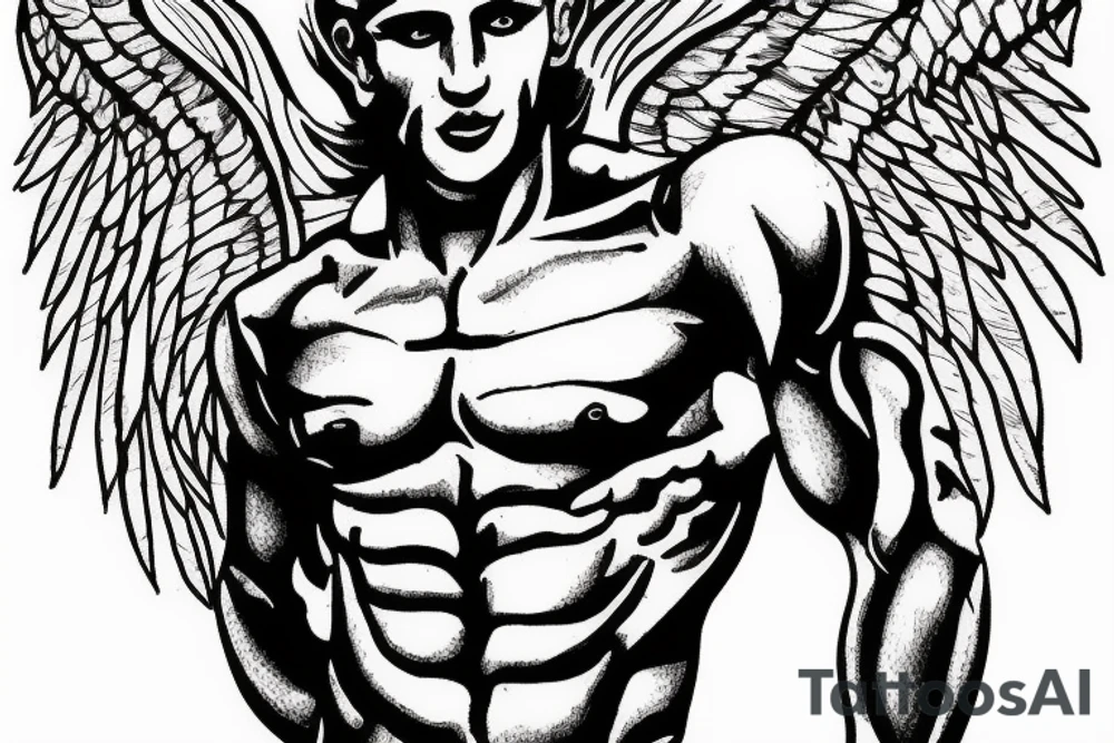 muscular angel with wings, lightning strike, sharp tattoo idea muscular angel with wings, lightning strike, sharp tattoo idea