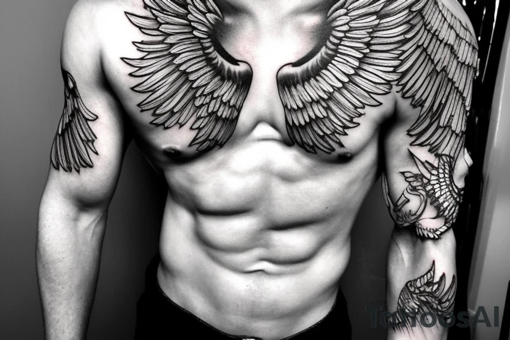 muscular angel with wings, lightning strike, sharp tattoo idea muscular angel with wings, lightning strike, sharp tattoo idea