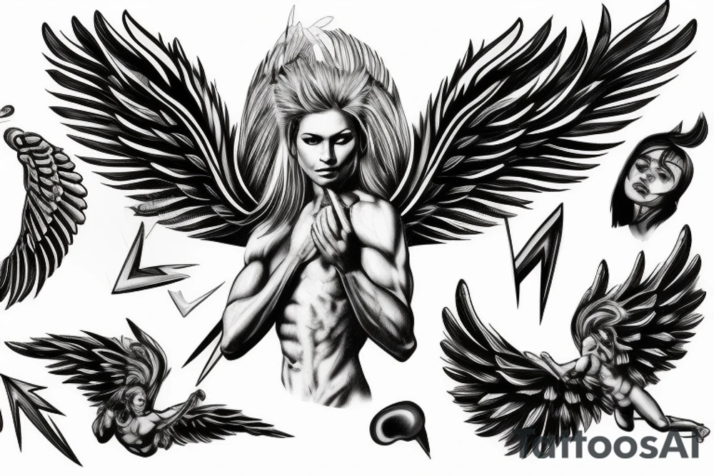 muscular angel with wings, lightning strike, sharp tattoo idea muscular angel with wings, lightning strike, sharp tattoo idea