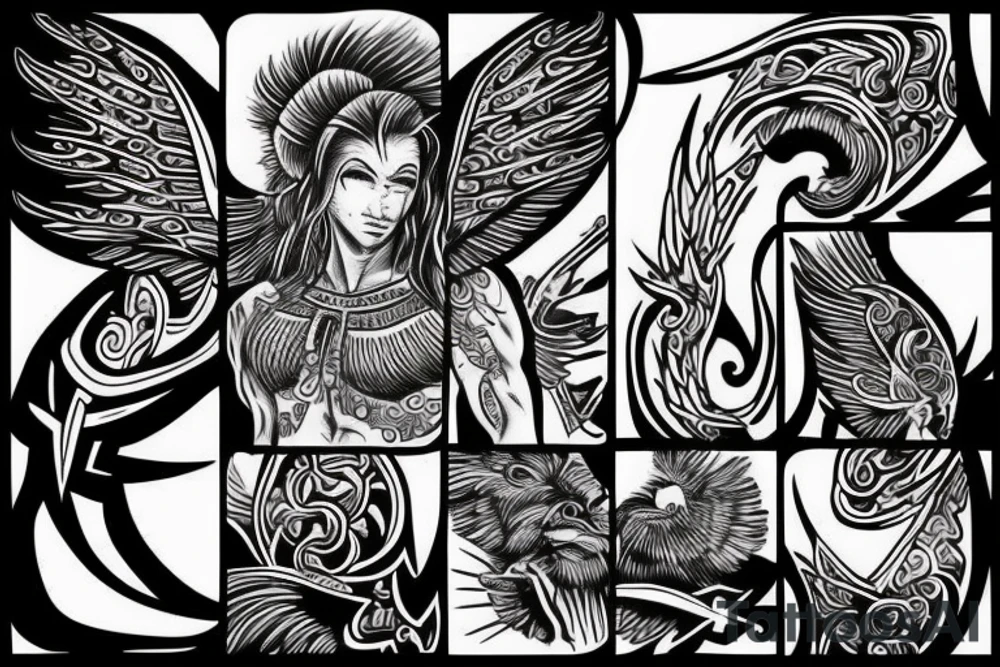 muscular angel, tribal, clouds and lightning, tunisia tattoo idea