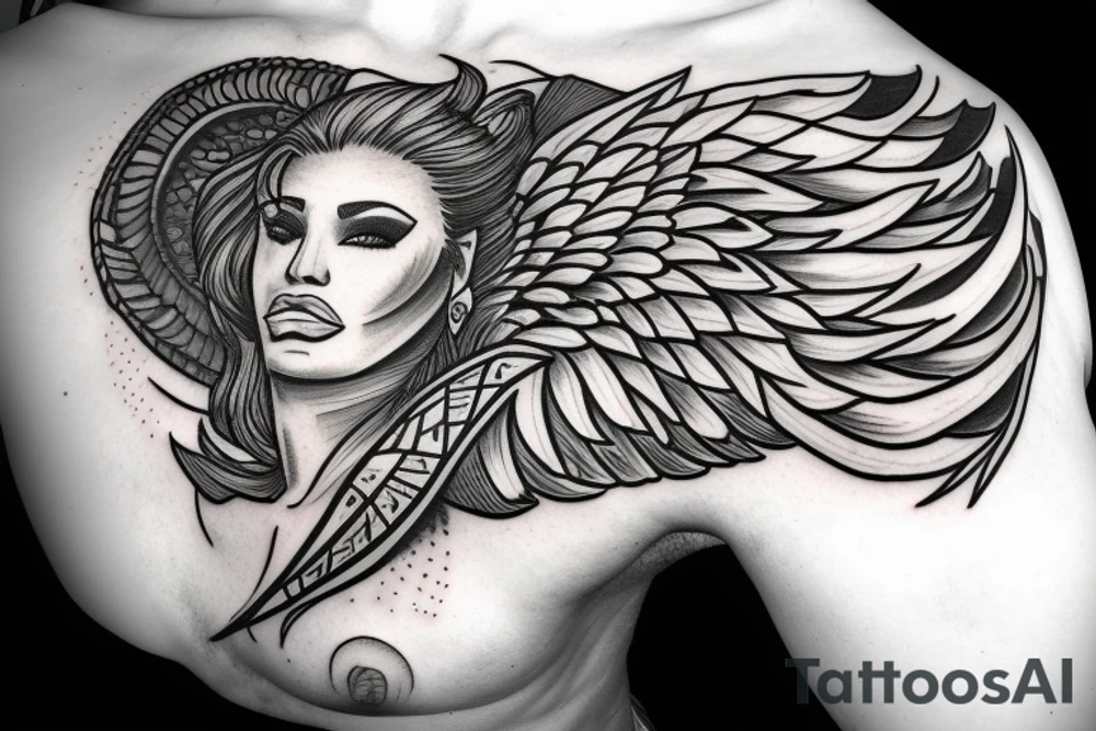 muscular angel, tribal, clouds and lightning, tunisia tattoo idea