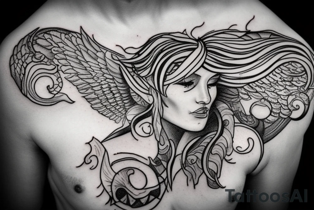 muscular angel, tribal, clouds and lightning, tunisia tattoo idea