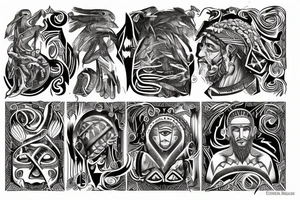 roman, phoenician tribal, landscape tattoo idea