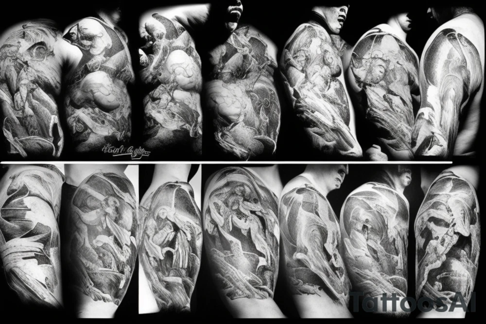 lightning, icarus, creative, success, Michelangelo style, courage, fight, power, hard black lines, maximalist, clouds, HD tattoo idea