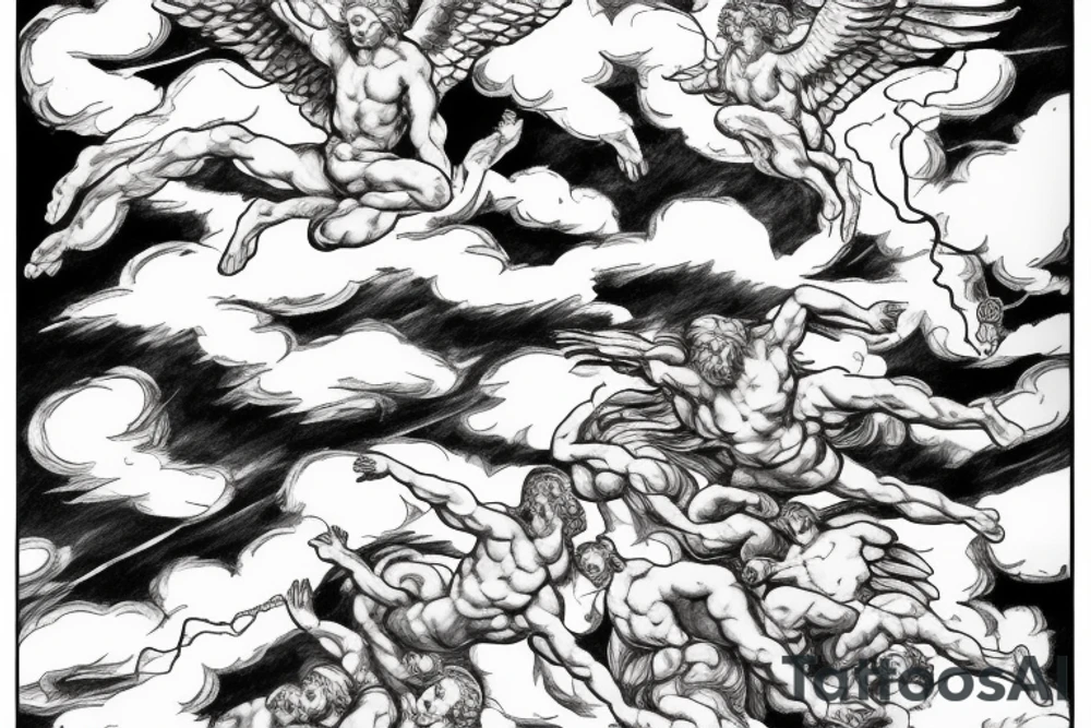 lightning, icarus, creative, success, Michelangelo style, courage, fight, power, hard black lines, maximalist, clouds, HD tattoo idea