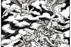 lightning, icarus, creative, success, Michelangelo style, courage, fight, power, hard black lines, maximalist, clouds, HD tattoo idea