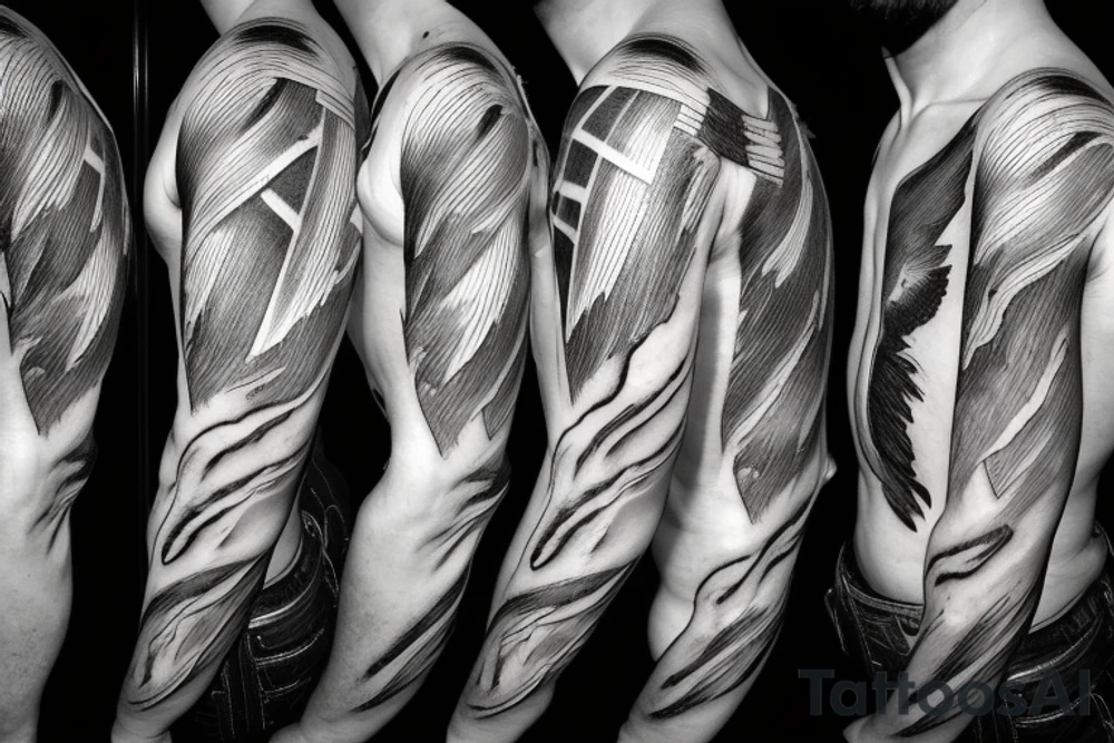 lightning, icarus, creative, success, Michelangelo style, courage, fight, power, hard black lines, maximalist, clouds, HD tattoo idea