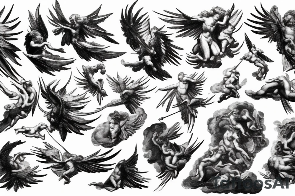 lightning, icarus, creative, success, Michelangelo style, courage, fight, power, hard black lines, maximalist, clouds, HD tattoo idea