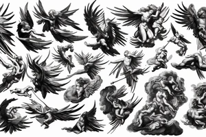 lightning, icarus, creative, success, Michelangelo style, courage, fight, power, hard black lines, maximalist, clouds, HD tattoo idea