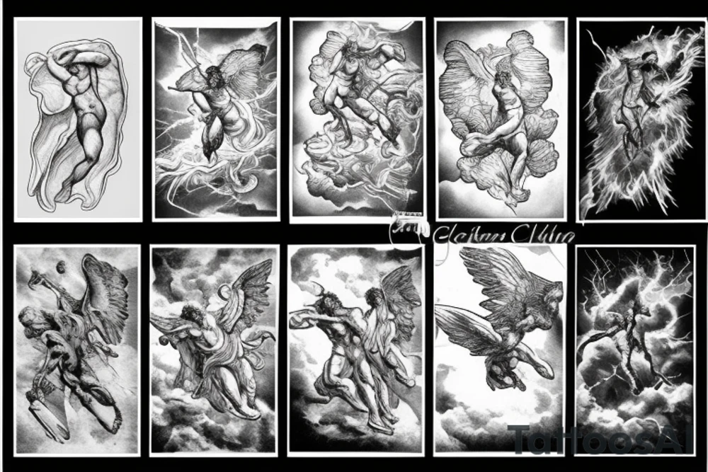 lightning, icarus, creative, success, Michelangelo style, courage, fight, power, hard black lines, maximalist, clouds, HD tattoo idea