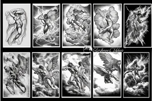 lightning, icarus, creative, success, Michelangelo style, courage, fight, power, hard black lines, maximalist, clouds, HD tattoo idea
