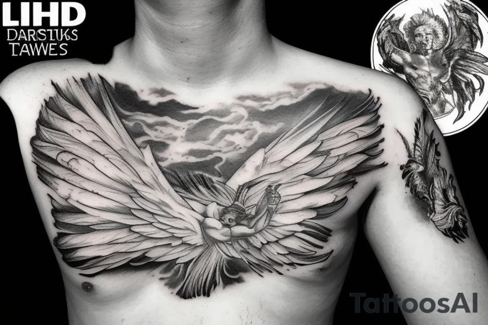 lightning, icarus, creative, success, Michelangelo style, courage, fight, power, hard black lines, maximalist, clouds, HD tattoo idea