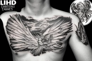 lightning, icarus, creative, success, Michelangelo style, courage, fight, power, hard black lines, maximalist, clouds, HD tattoo idea