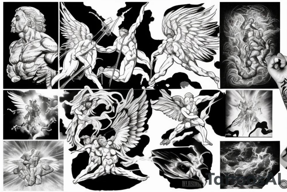 lightning, icarus, creative, success, Michelangelo style, courage, fight, power, hard black lines, maximalist, clouds, HD tattoo idea