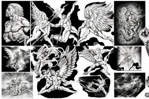 lightning, icarus, creative, success, Michelangelo style, courage, fight, power, hard black lines, maximalist, clouds, HD tattoo idea