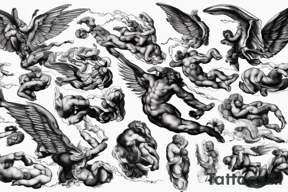 lightning, icarus, creative, success, Michelangelo style, courage, fight, power, hard black lines, maximalist, clouds, HD tattoo idea