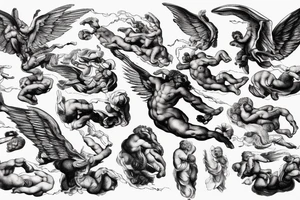 lightning, icarus, creative, success, Michelangelo style, courage, fight, power, hard black lines, maximalist, clouds, HD tattoo idea
