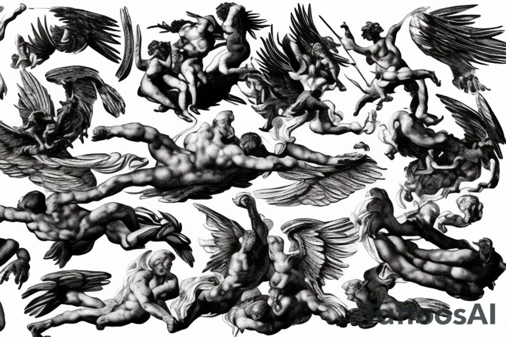 lightning, icarus, creative, success, Michelangelo style, courage, fight, power, hard black lines, maximalist, clouds, HD tattoo idea
