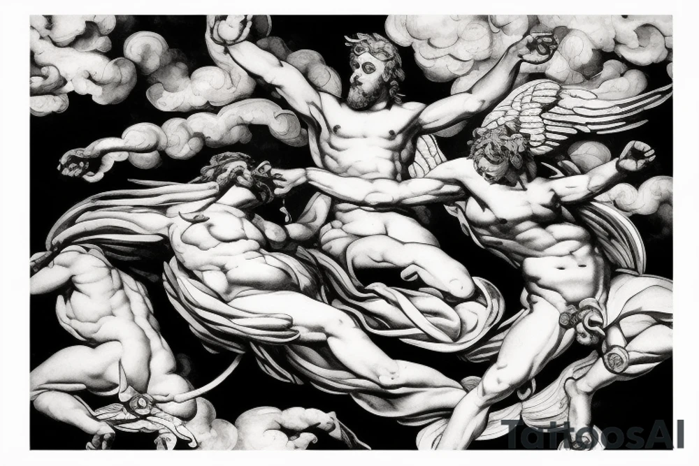 lightning, icarus, creative, success, Michelangelo style, courage, fight, power, hard black lines, maximalist, clouds, HD tattoo idea