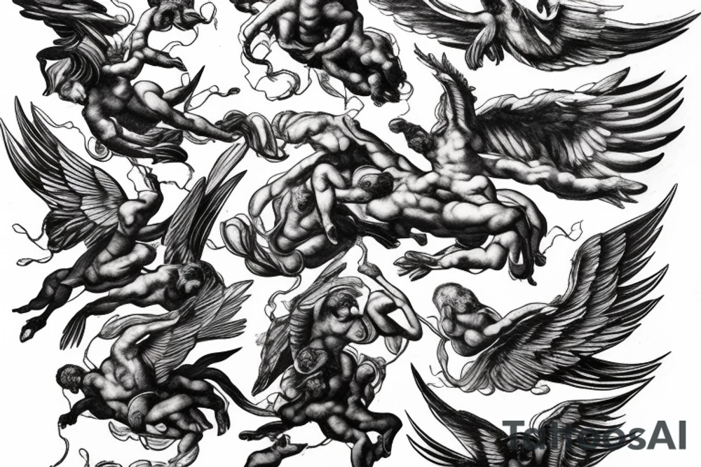 lightning, icarus, creative, success, Michelangelo style, courage, fight, power, hard black lines, maximalist, clouds, HD tattoo idea